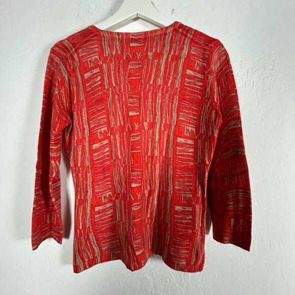 TSE Womens Red Beige Abstract Pattern Cashmere V-Neck Sweater Medium Pullover - Picture 2 of 9